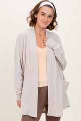 Beige Solid Ribbed Long Sleeve Open Front Pocket Cardigan
