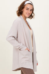Beige Solid Ribbed Long Sleeve Open Front Pocket Cardigan