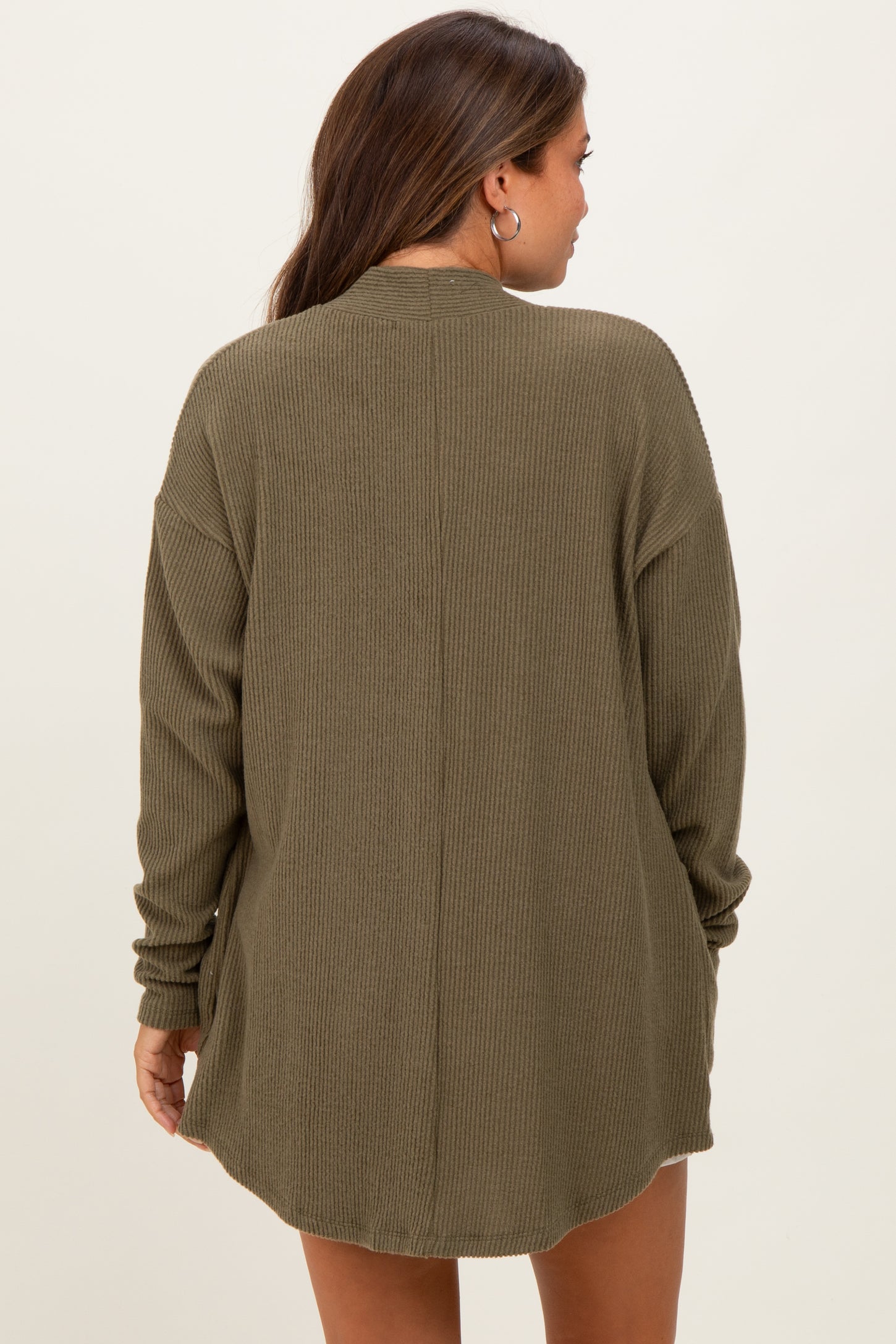 Olive Solid Ribbed Long Sleeve Open Front Pocket Maternity Cardigan