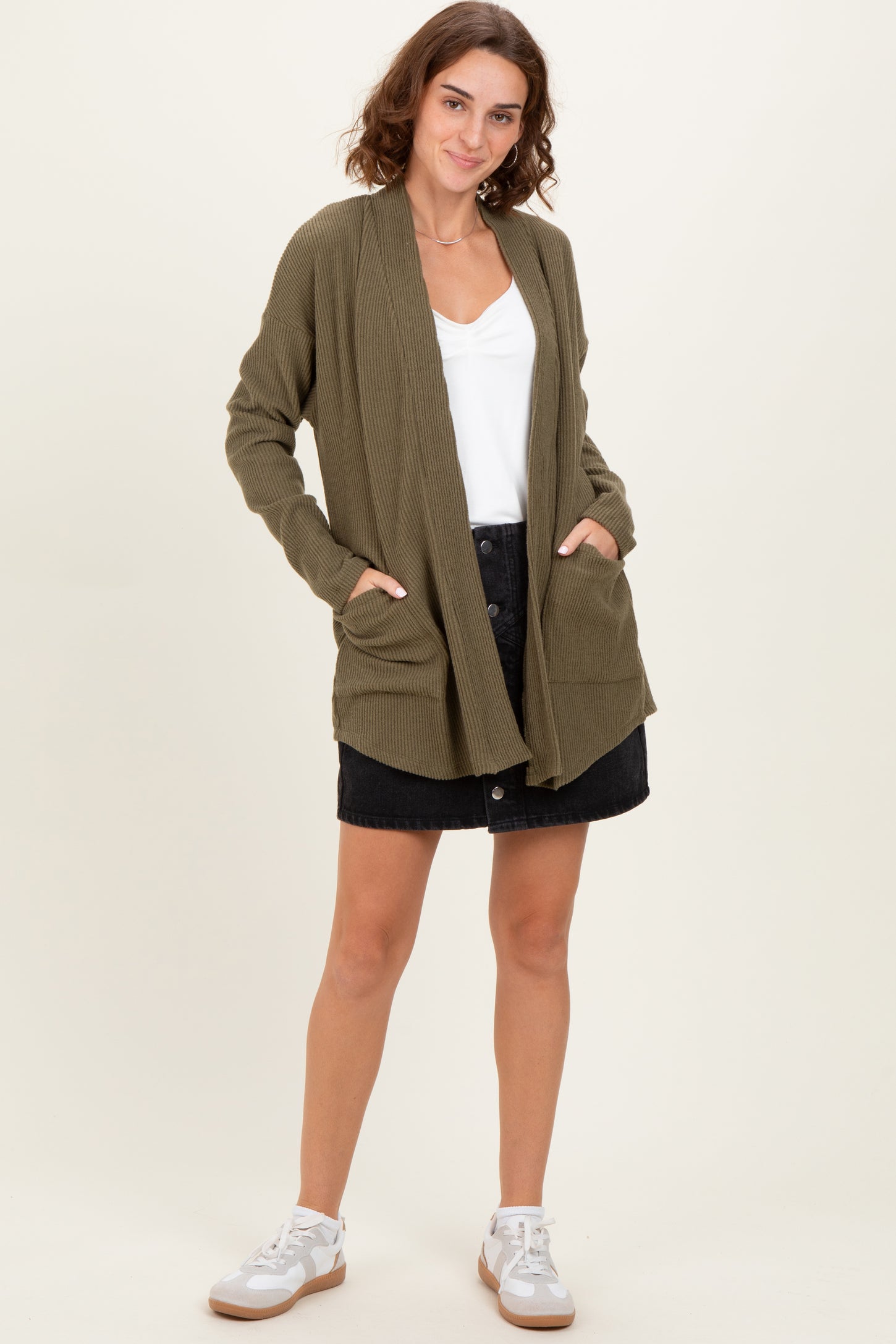 Olive Solid Ribbed Long Sleeve Open Front Pocket Maternity Cardigan