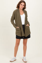 Olive Solid Ribbed Long Sleeve Open Front Pocket Maternity Cardigan