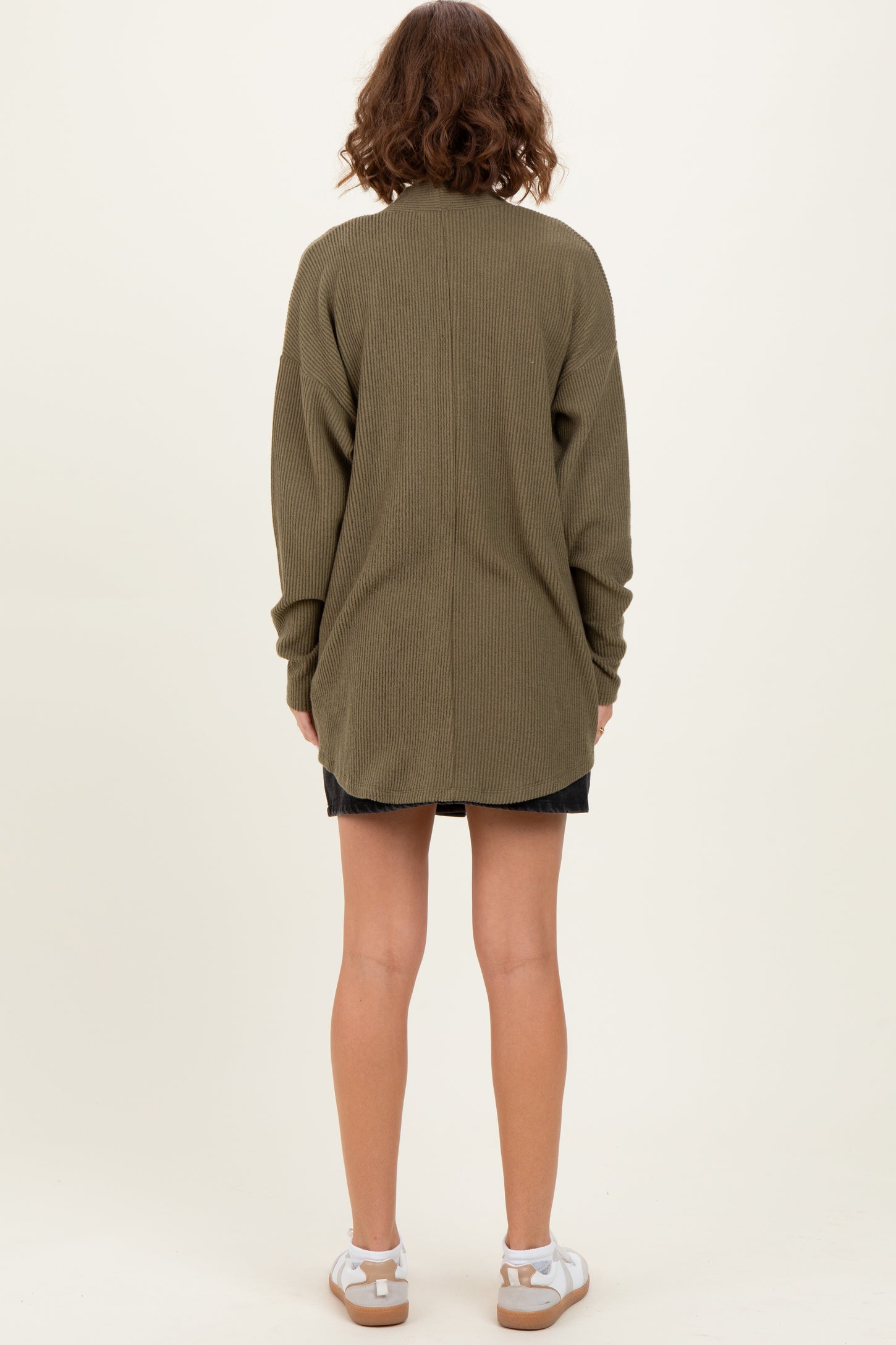 Olive Solid Ribbed Long Sleeve Open Front Pocket Cardigan