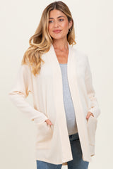 Cream Solid Ribbed Long Sleeve Open Front Pocket Maternity Cardigan