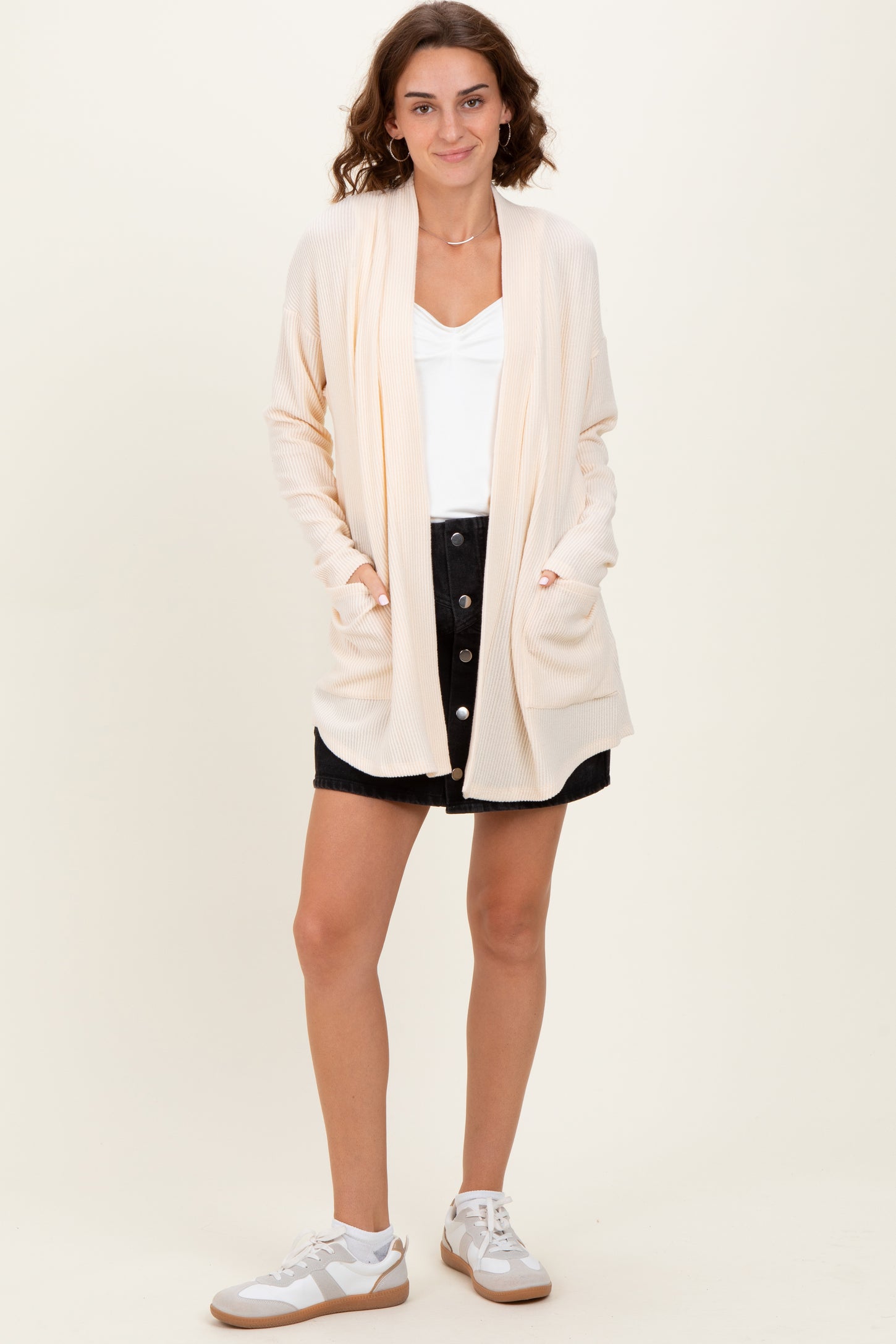 Cream Solid Ribbed Long Sleeve Open Front Pocket Maternity Cardigan