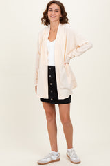 Cream Solid Ribbed Long Sleeve Open Front Pocket Cardigan