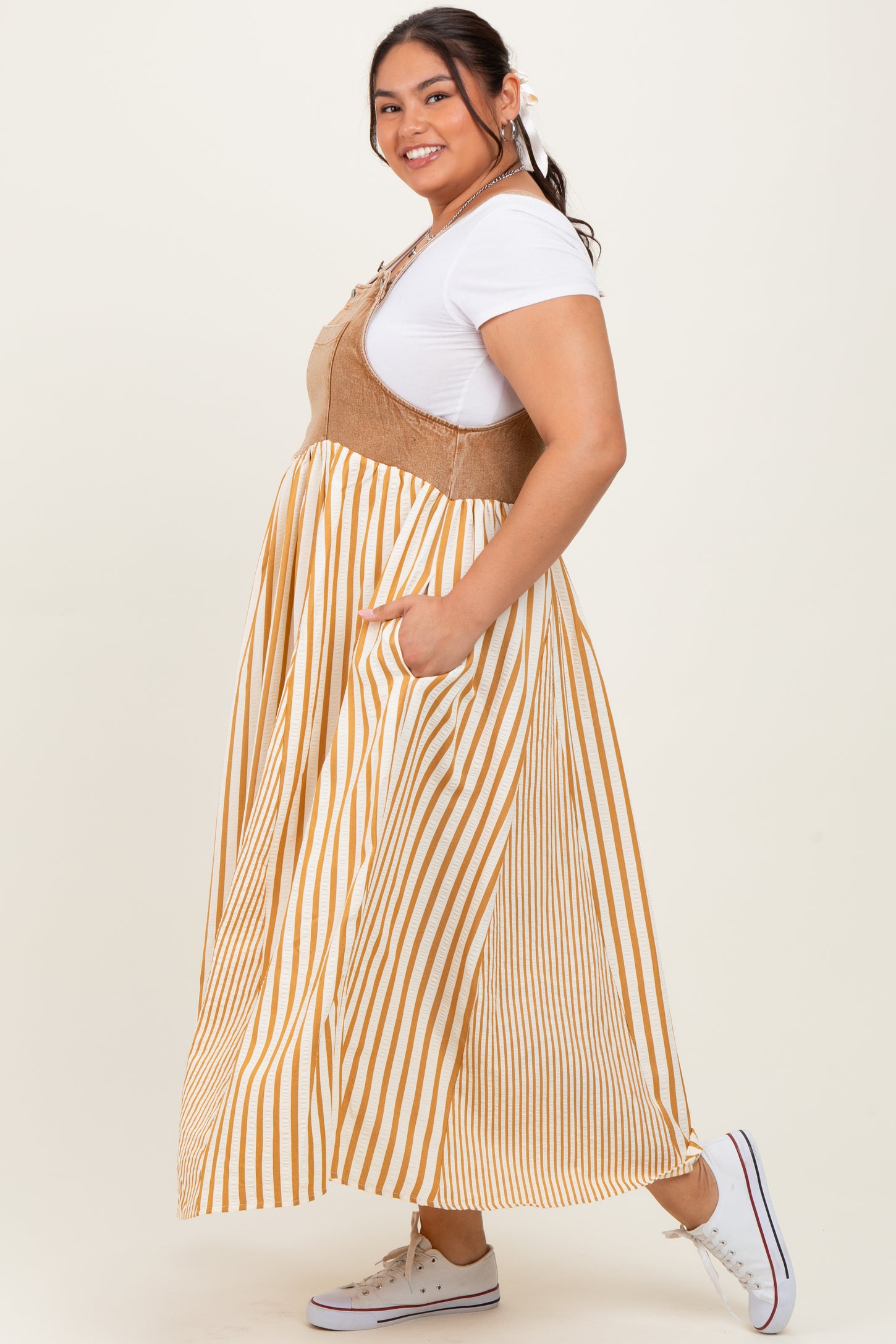 Camel Striped Colorblock Denim Contrast Plus Maxi Dress