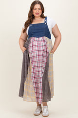 Multicolor Plaid Colorblock Denim Maternity Plus Overall Dress