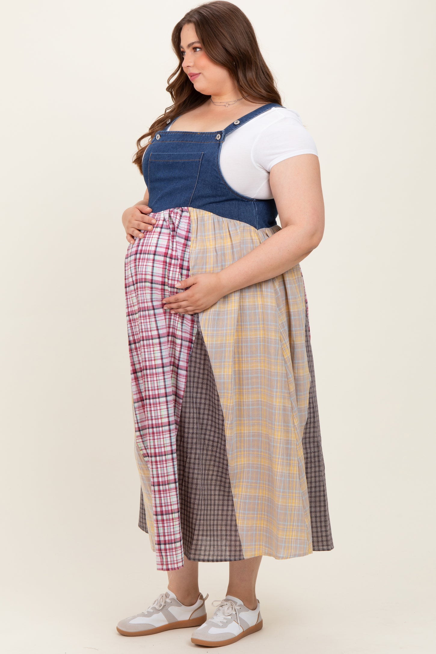 Multicolor Plaid Colorblock Denim Maternity Plus Overall Dress