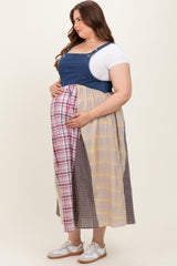 Multicolor Plaid Colorblock Denim Maternity Plus Overall Dress