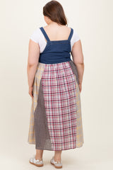 Multicolor Plaid Colorblock Denim Maternity Plus Overall Dress