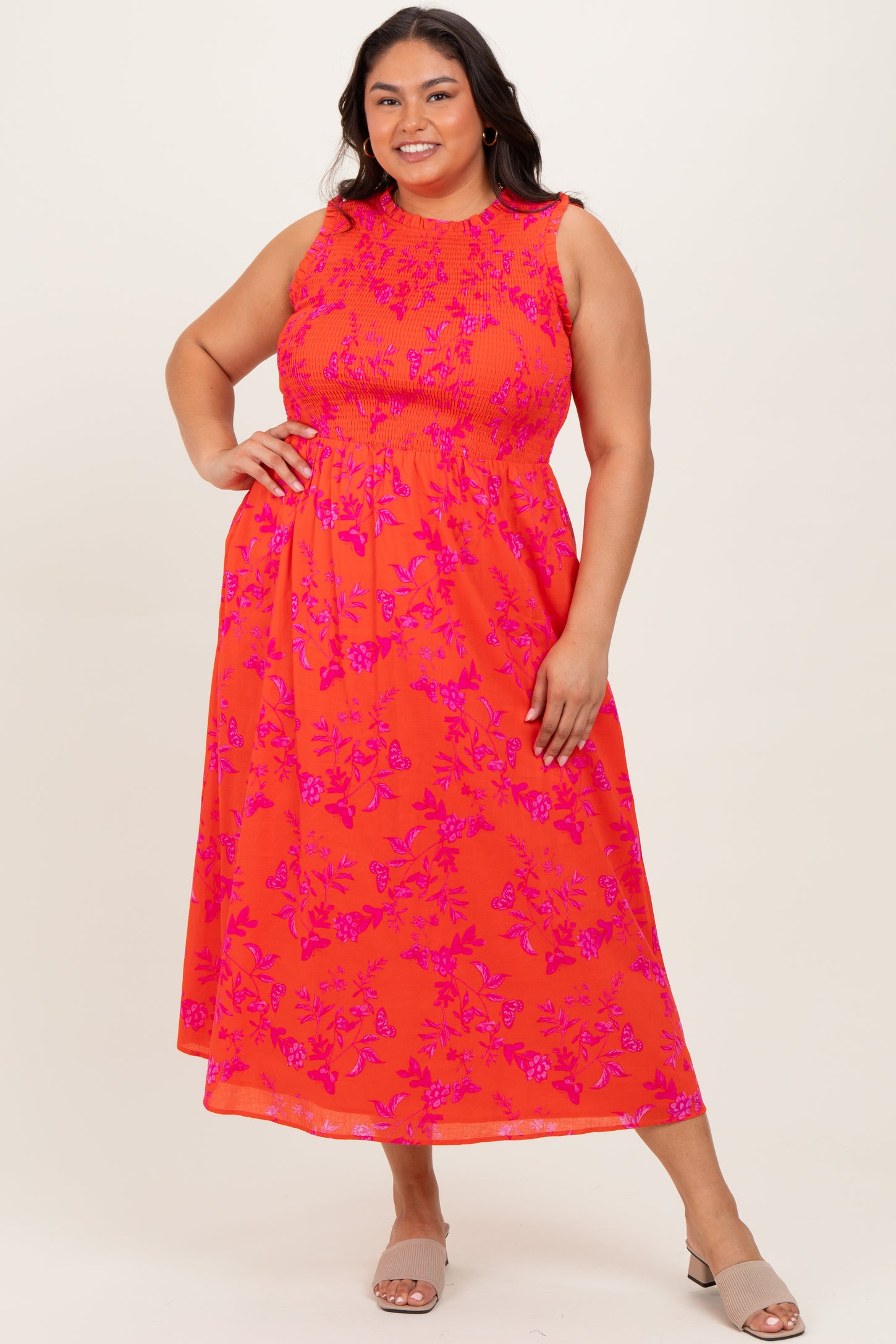 Orange Floral Smocked Sleeveless Midi Dress