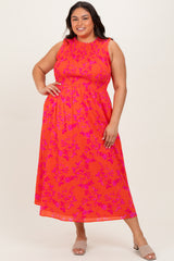 Orange Floral Smocked Sleeveless Maternity Midi Dress