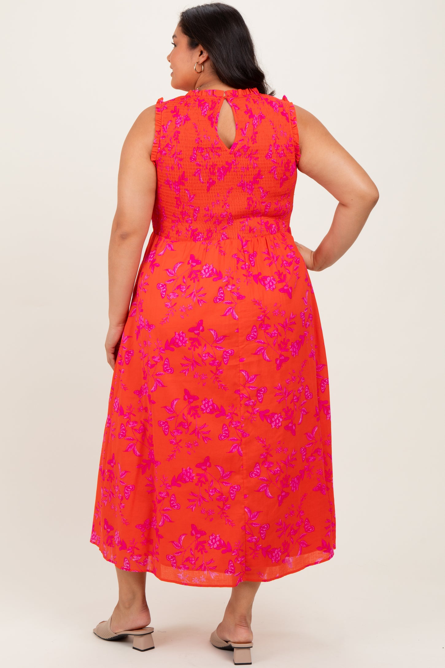 Orange Floral Smocked Sleeveless Midi Dress