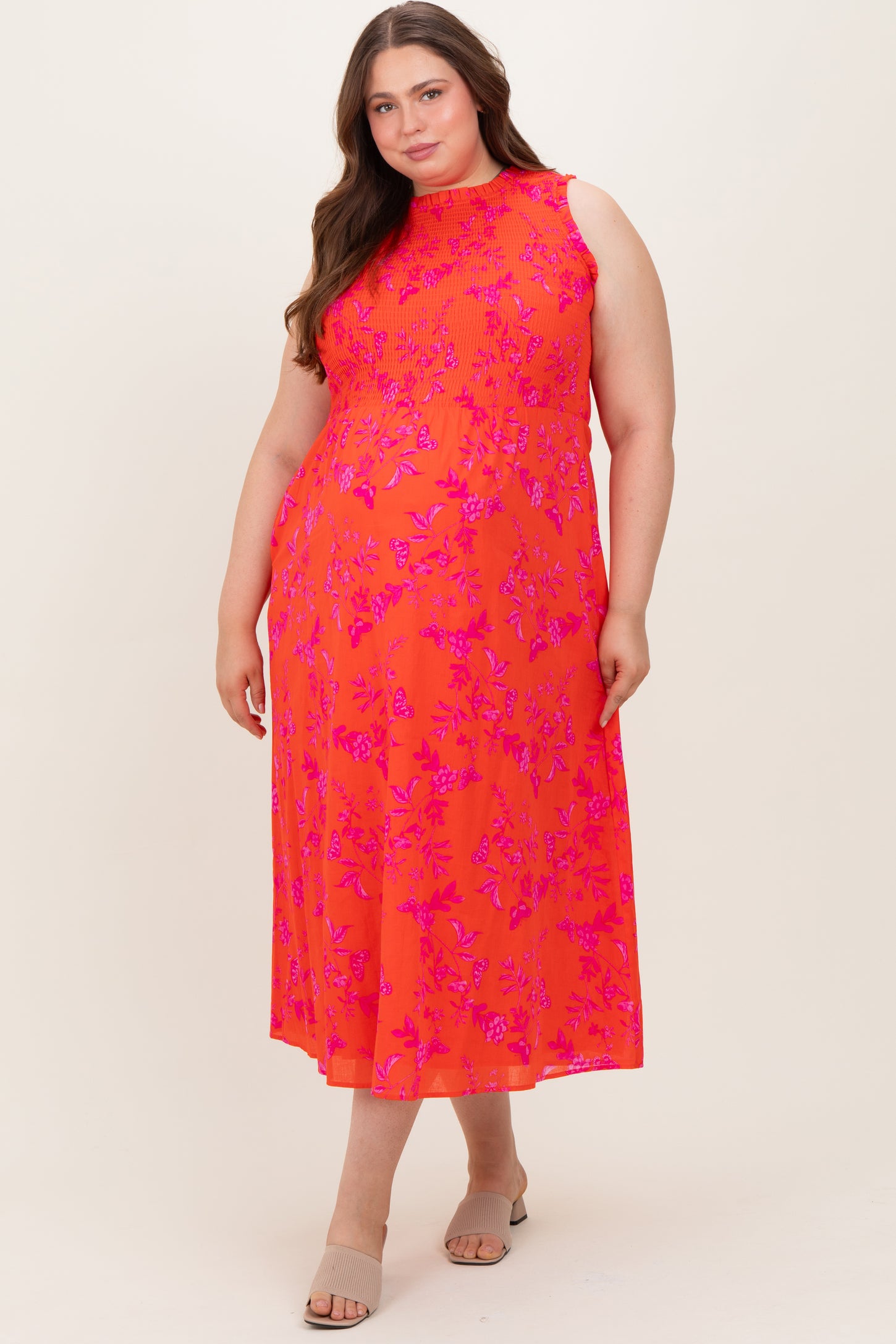 Orange Floral Smocked Sleeveless Maternity Midi Dress