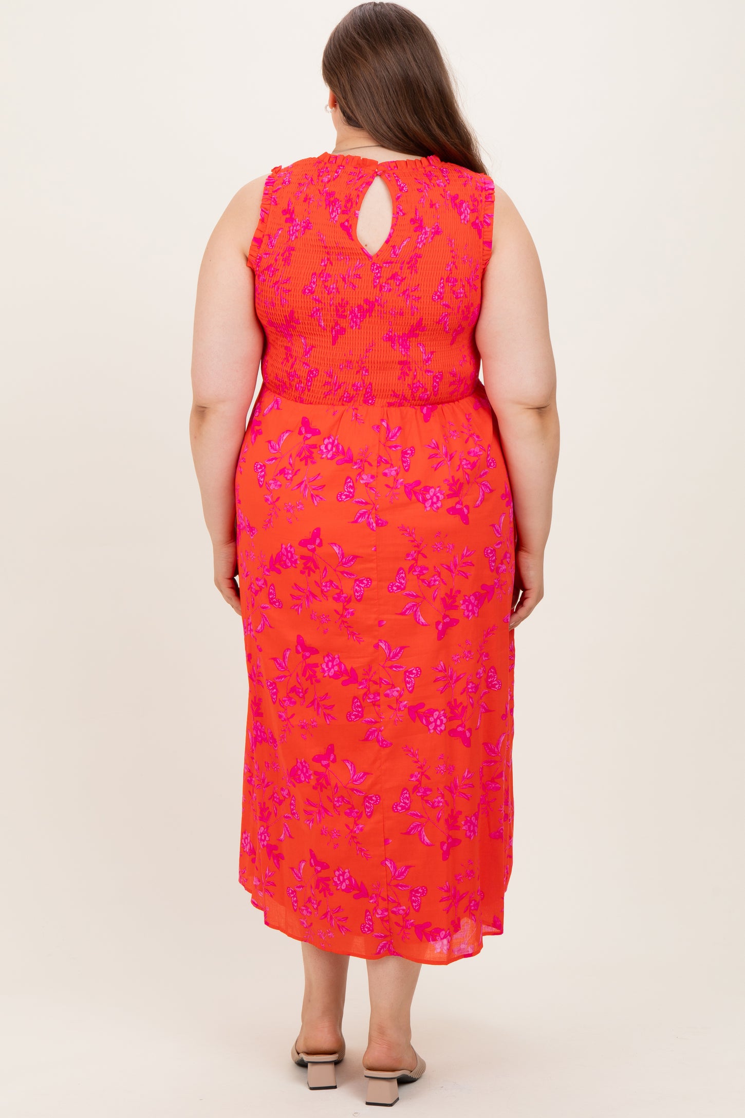 Orange Floral Smocked Sleeveless Maternity Midi Dress
