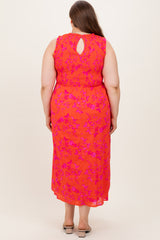Orange Floral Smocked Sleeveless Maternity Midi Dress
