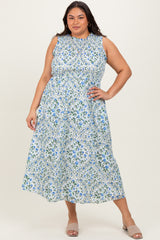 Blue Floral Smocked Sleeveless Plus Midi Dress