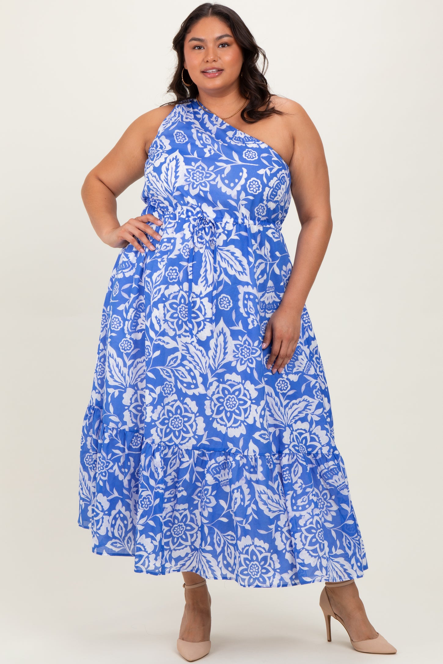 Royal Blue Floral One Shoulder Maternity Plus Maxi Dress
