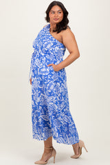 Royal Blue Floral One Shoulder Plus Maxi Dress