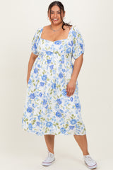 Blue Floral Sweetheart Neckline Puff Sleeve Plus Midi Dress