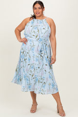 Light Blue Floral Pleated Sleeveless Maternity Plus Midi Dress