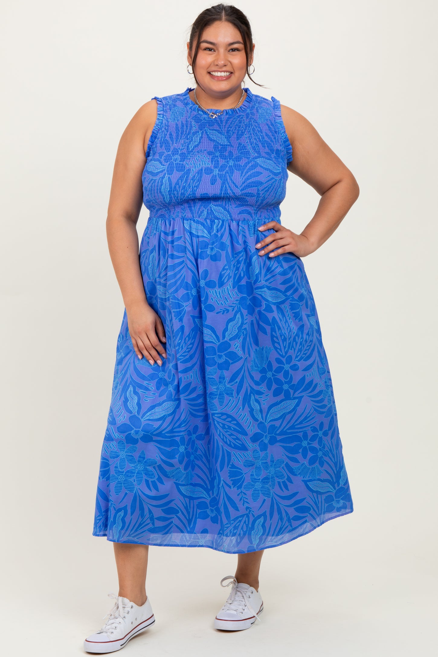 Royal Blue Floral Smocked Sleeveless Plus Midi Dress