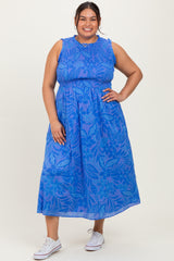Royal Blue Floral Smocked Sleeveless Maternity Plus Midi Dress