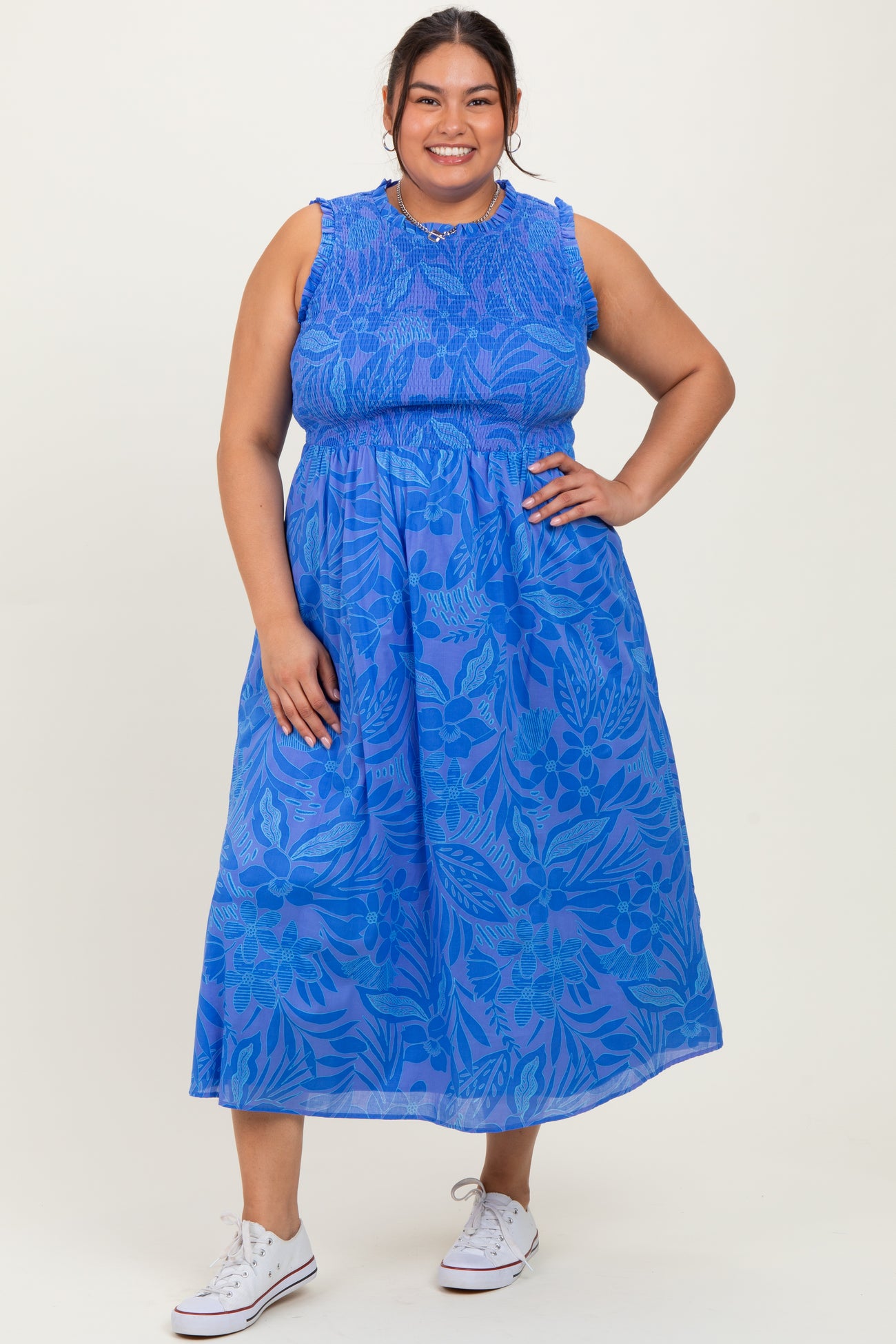 Royal Blue Floral Smocked Sleeveless Maternity Plus Midi Dress