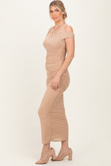 Beige Ruched Asymmetrical Off Shoulder Maxi Dress