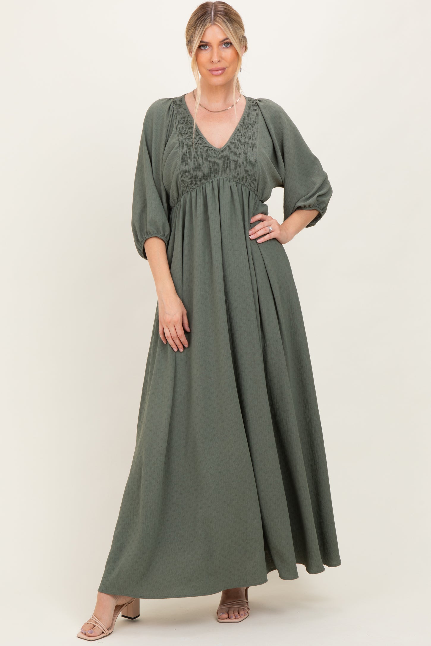 Olive Solid 3/4 Sleeve Smocked Top V-Neck Maternity Maxi Dress
