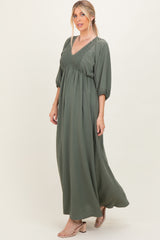 Olive Solid 3/4 Sleeve Smocked Top V-Neck Maxi Dress