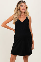 Black Solid Corduroy V-Neck A-Line Maternity Mini Dress