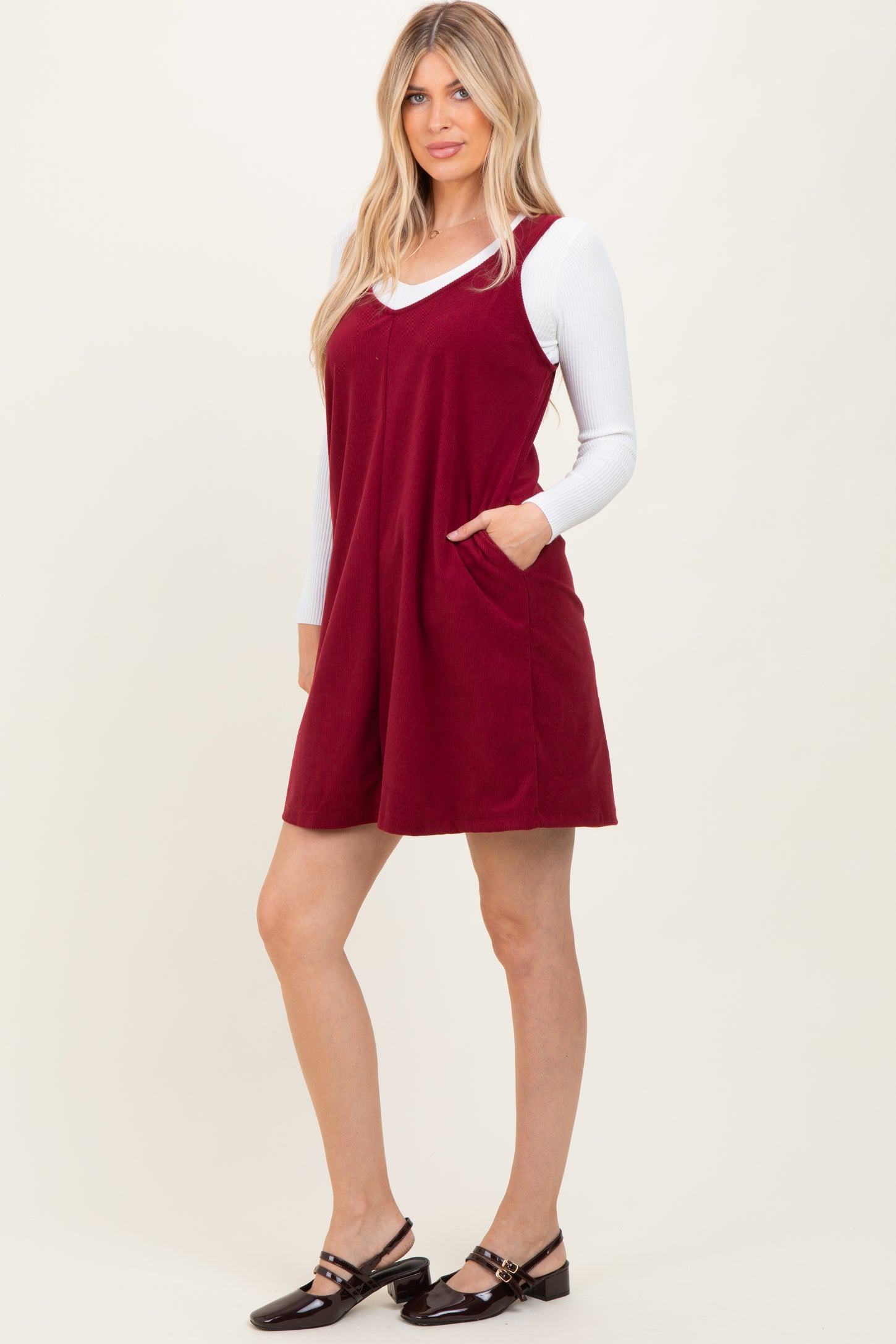 Burgundy Solid Corduroy V-Neck A-Line Mini Dress