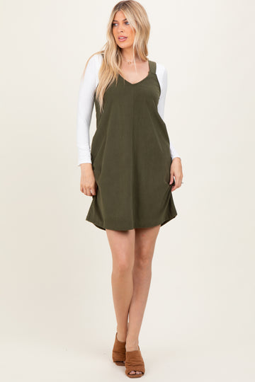 Olive Solid Corduroy V-Neck A-Line Mini Dress