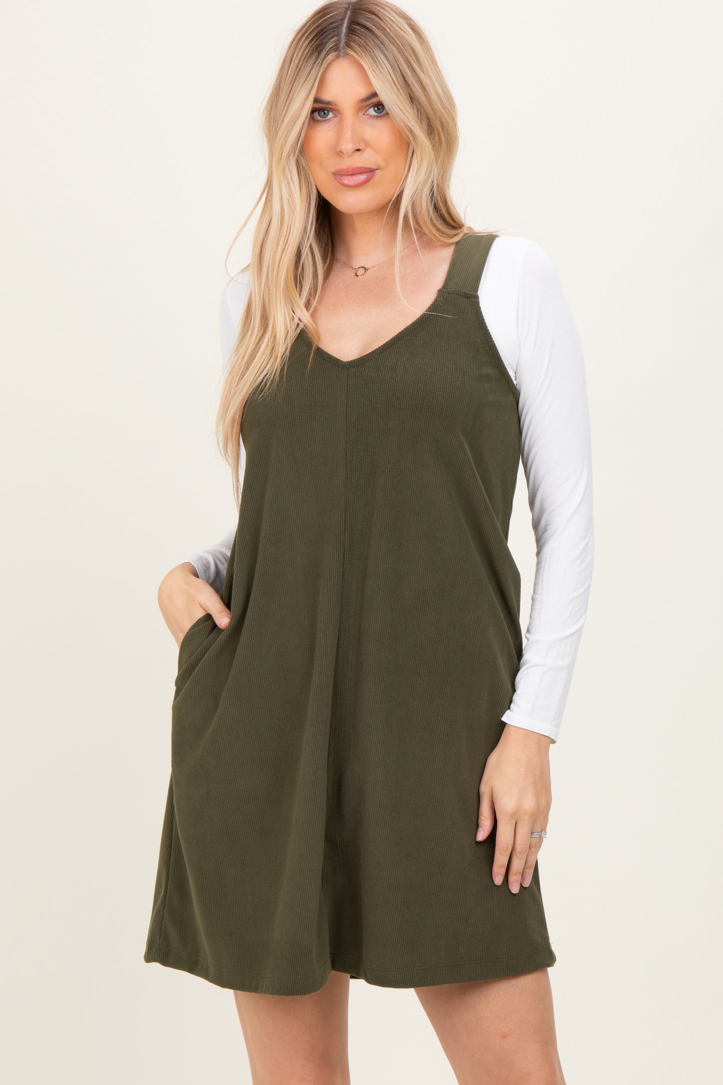 Olive Solid Corduroy V-Neck A-Line Mini Dress