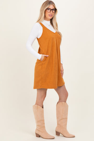 Mustard Solid Corduroy V-Neck A-Line Mini Dress