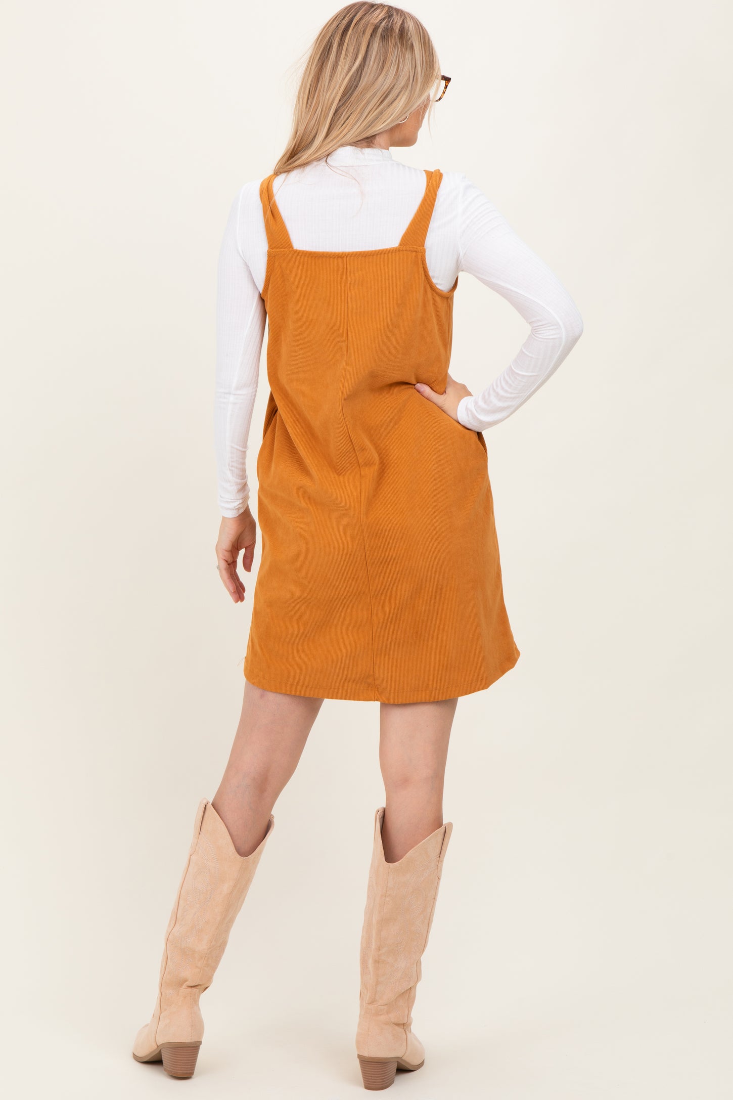 Mustard Solid Corduroy V-Neck A-Line Mini Dress