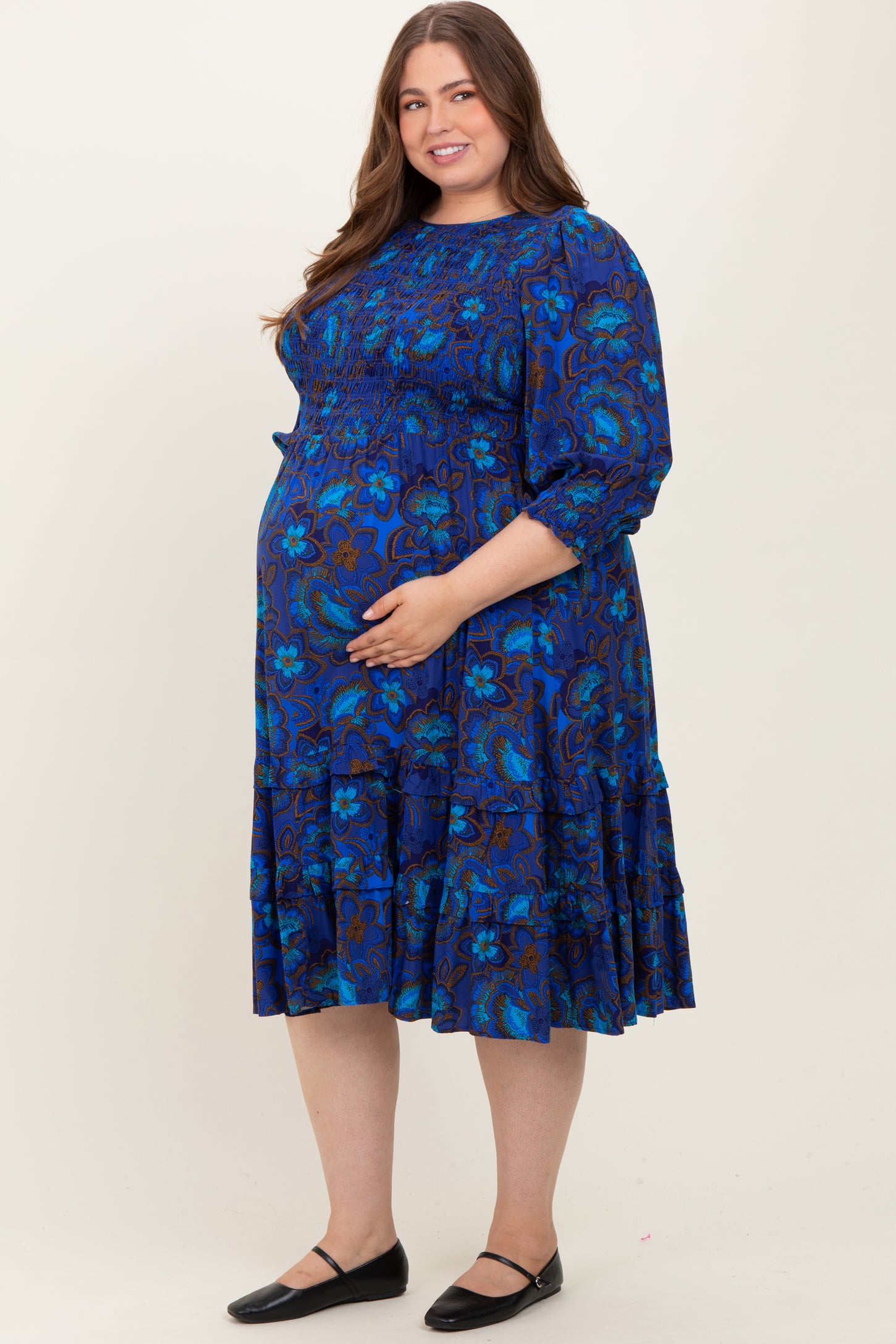 Navy Blue Floral Tiered Plus Maternity Midi Dress