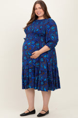 Navy Blue Floral Tiered Plus Maternity Midi Dress