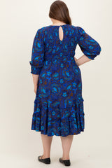 Navy Blue Floral Tiered Plus Maternity Midi Dress