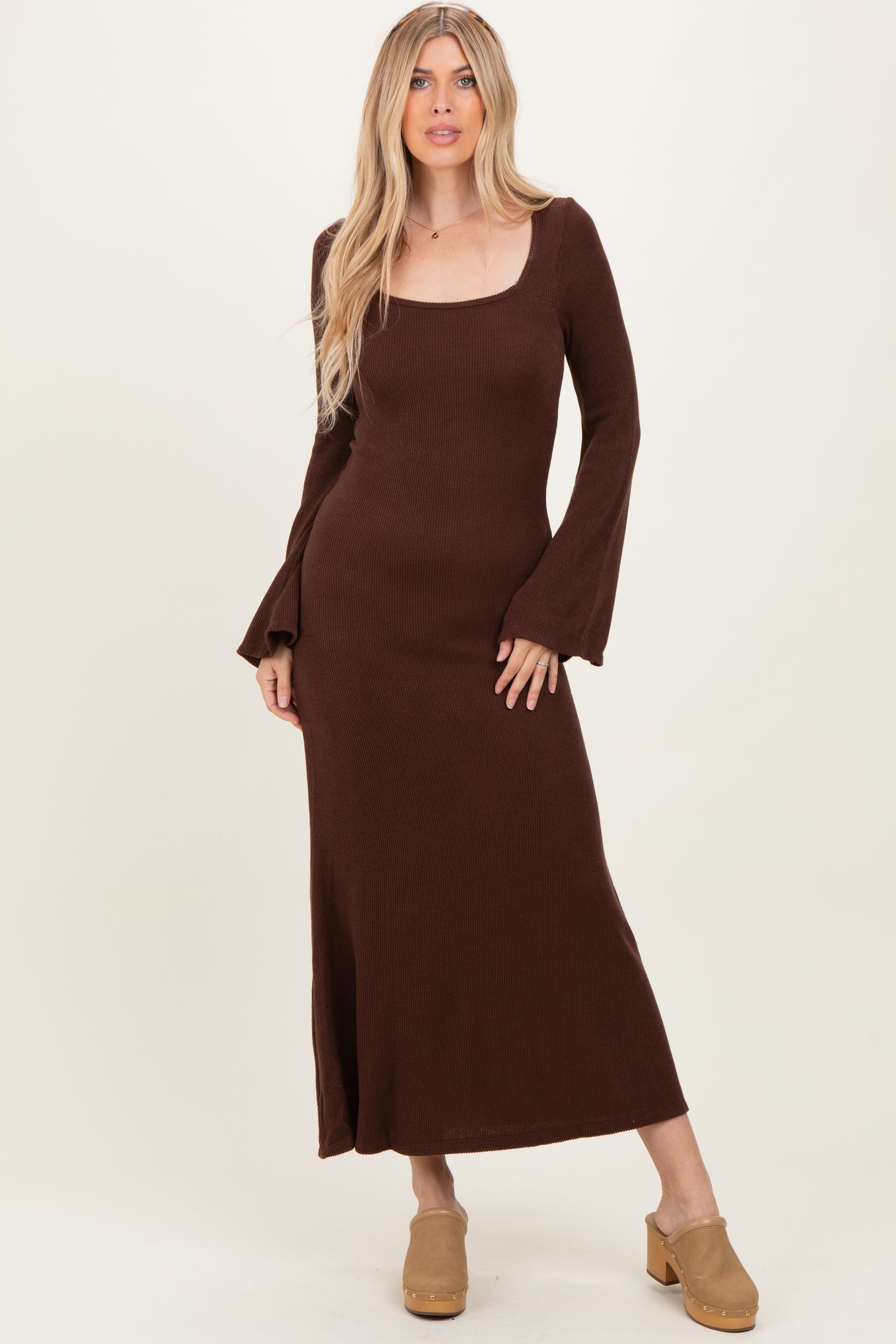 Brown Solid Ribbed Long Sleeve Square Neck Maxi Dress