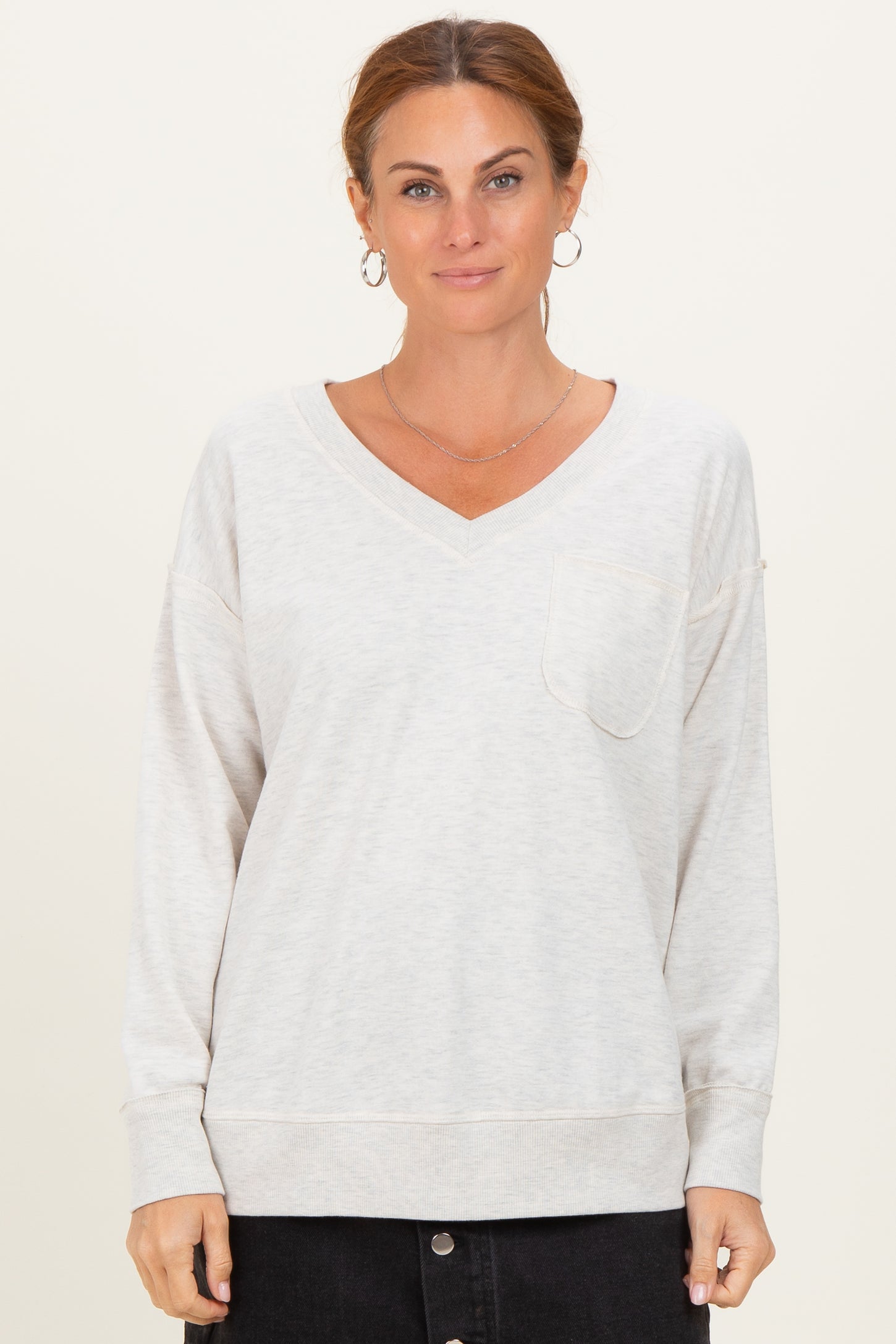 Heather Grey V-Neck Long Sleeve Pullover Top