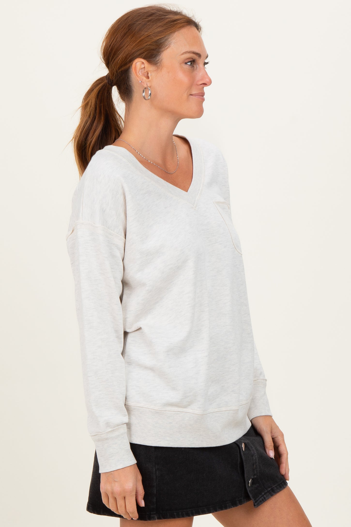 Heather Grey V-Neck Long Sleeve Pullover Top