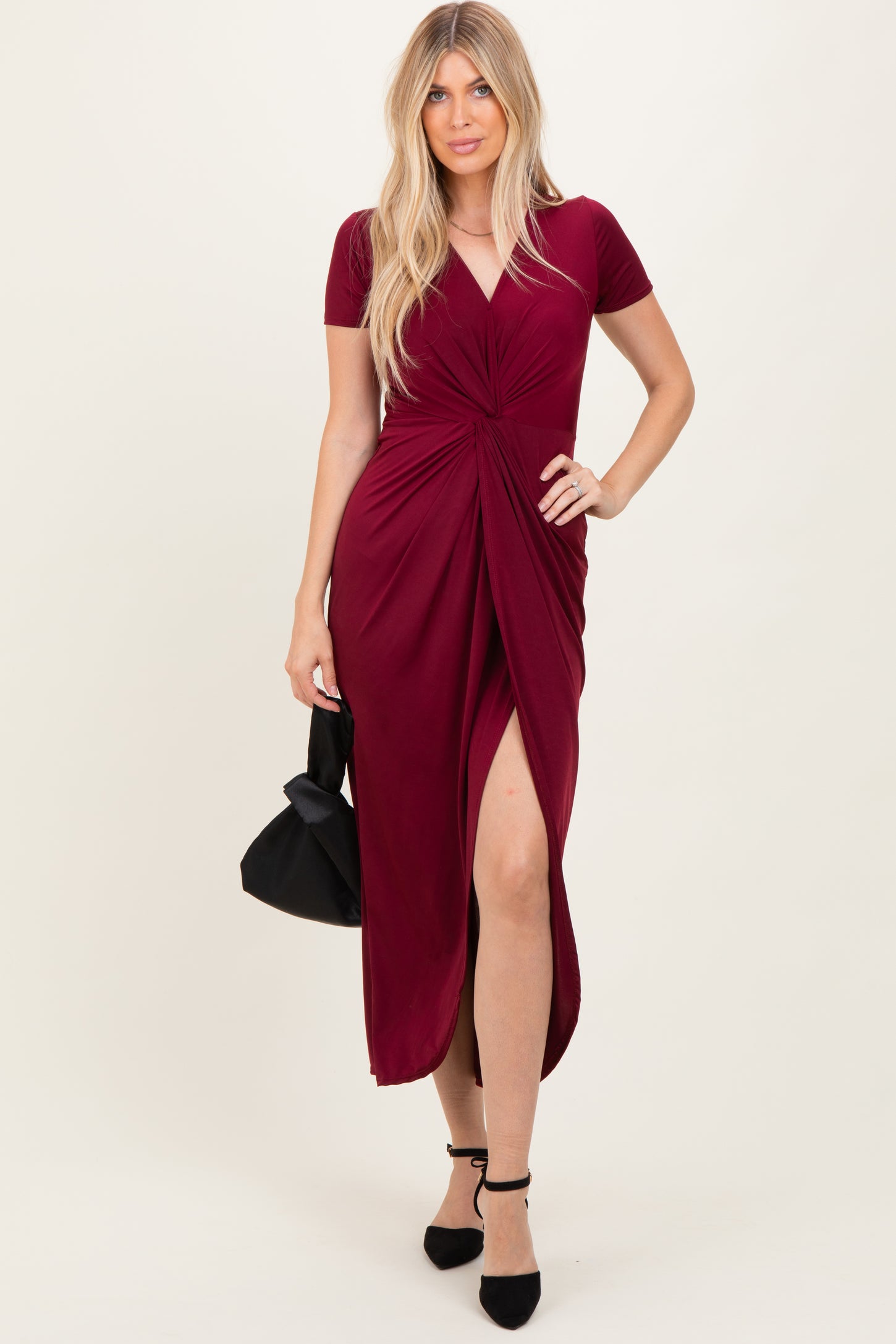 Burgundy Gathered Front Short Sleeve Maternity Maxi Dress
