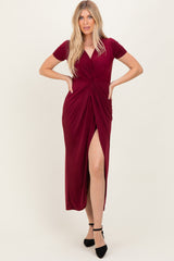 Burgundy Gathered Front Short Sleeve Maxi Dress