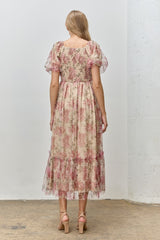 Mauve Floral Printed Tulle Puff Sleeve Midi Dress