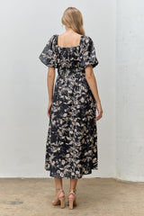 Black Floral Puff Sleeve Smocked Waist Midi Dress