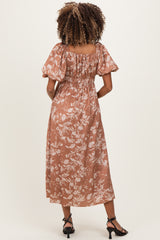 Rust Floral Puff Sleeve Smocked Waist Maternity Midi Dress