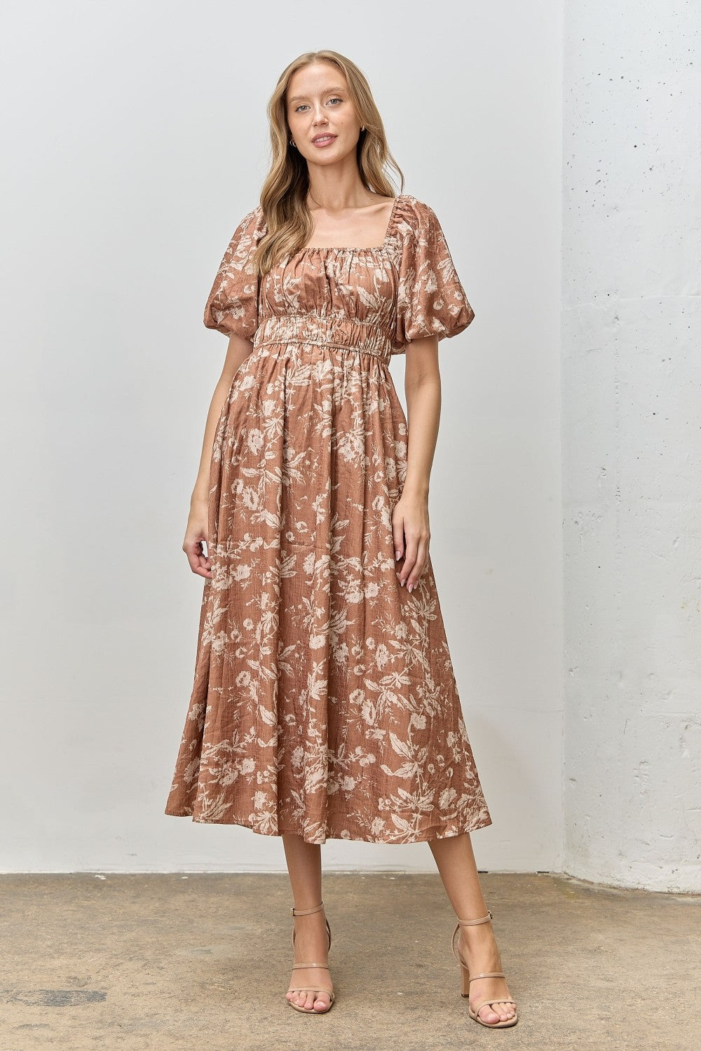 Rust Floral Puff Sleeve Smocked Waist Midi Dress