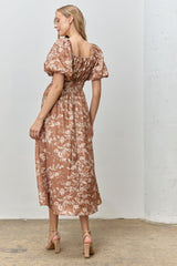 Rust Floral Puff Sleeve Smocked Waist Midi Dress